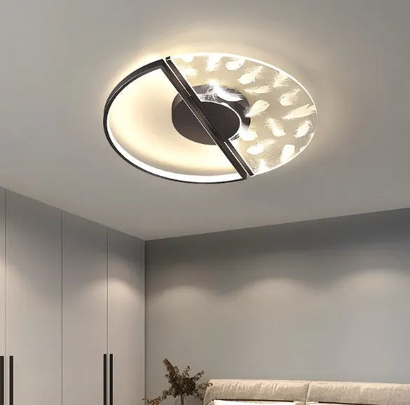 Modern LED ceiling light with monochrome white light, available in 45cm golden feather or 55cm black finish for bathroom