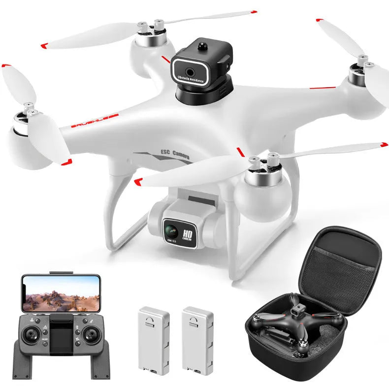 Black HD and White HD coloured brushless UAV drone with four-side obstacle avoidance and dual cameras, showing remote control.