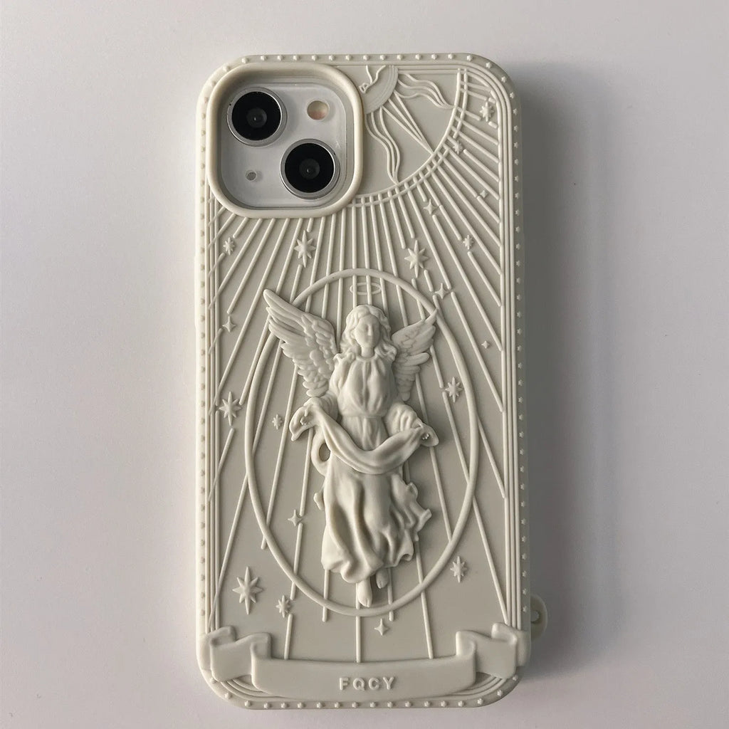 Silicone phone case with embossed Statue of Liberty design, available in beige or gray, for iPhone 11 to 16