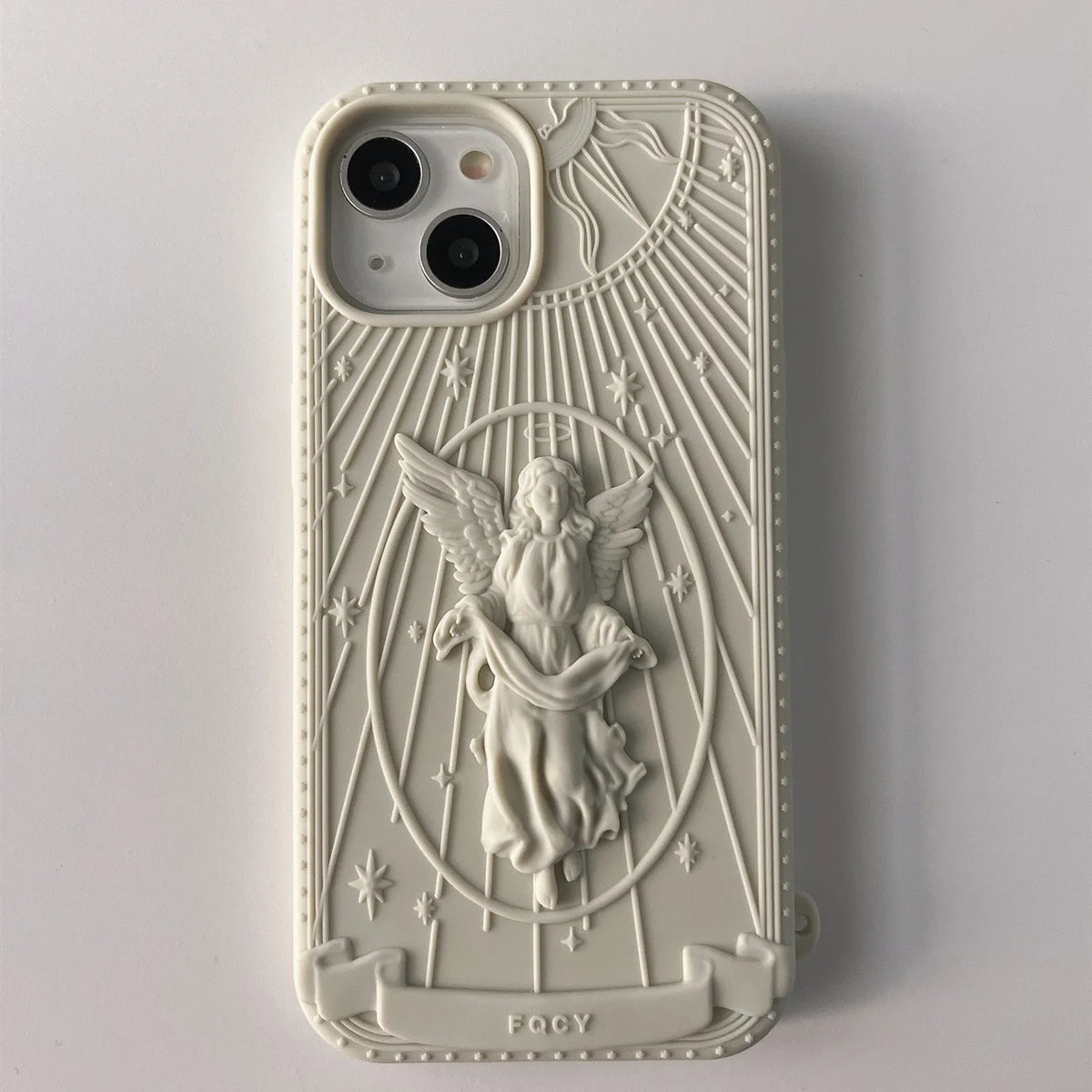 Silicone phone case with embossed Statue of Liberty design, available in beige or gray, for iPhone 11 to 16
