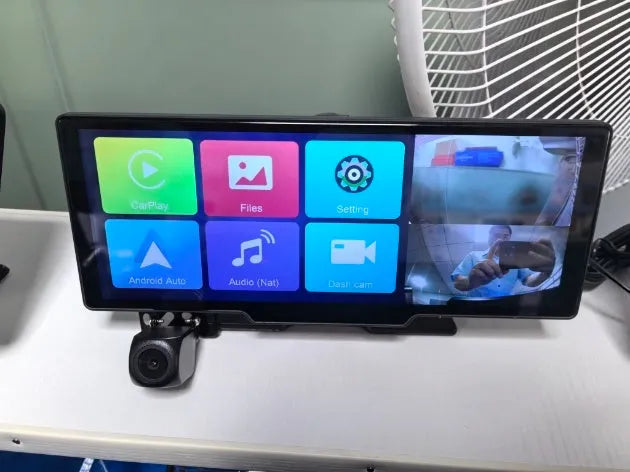 10.26-inch black car navigation device with touch screen showing split display of front and rear camera views