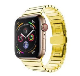 Stainless steel metal bracelet strap with butterfly clasp for Apple Watch in silver colour.