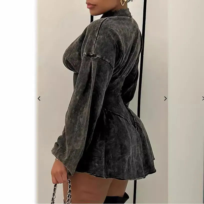 Grey digital print women's dress with drawstring waist and slim-fit A-line silhouette