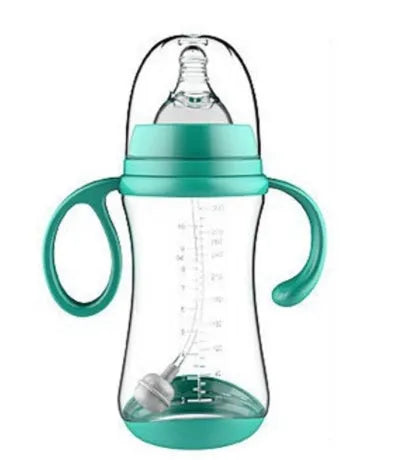Baby feeding bottle made of BPA-free PP plastic with double handles, wide calibre, in pink or blue