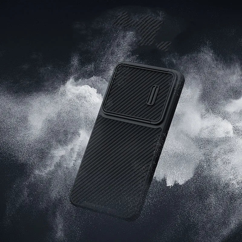 Black Samsung S23 Ultra mobile phone case with integrated lens push cover showing TPU, PC, and carbon fibre construction