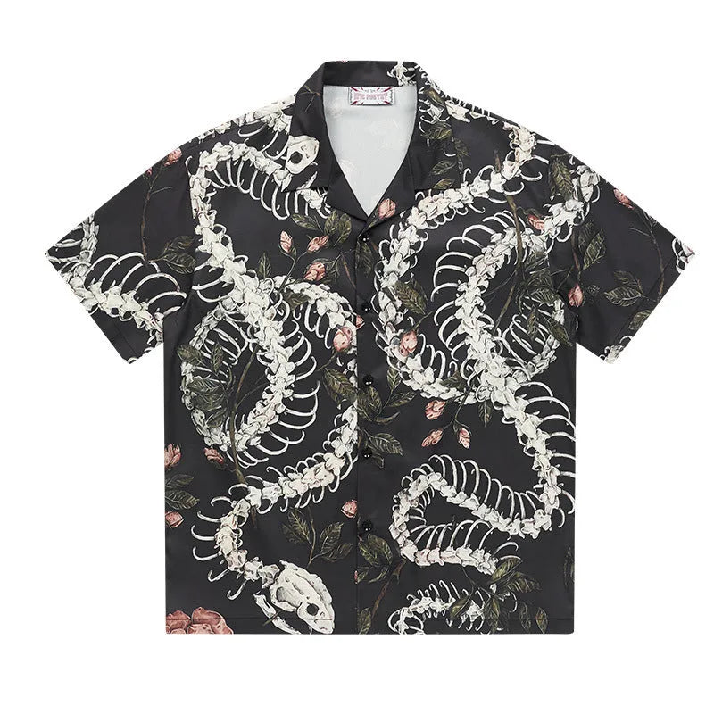 Men's short sleeve Cuban collar shirt with a snake bone floral pattern print in assorted colours.