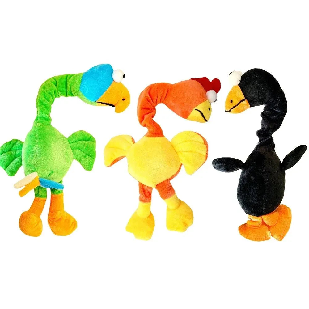 Screaming chicken sound dog chew toy in durable rubber, shown in black, green, and orange colours.