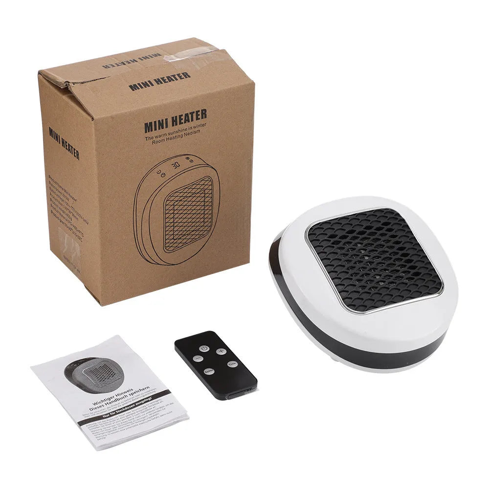 White ceramic heating electric heater with remote control on a table.
