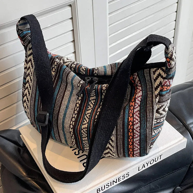Women's canvas crossbody dumpling bag in ethnic style with three-dimensional pocket