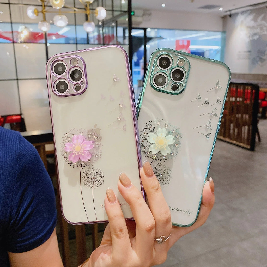 Green iPhone case with 3D floral design and extended rotating kickstand, showing built-in screen protector.