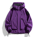 Men's hooded waterproof windproof jacket in black, ginger yellow, or purple, available in multiple sizes.