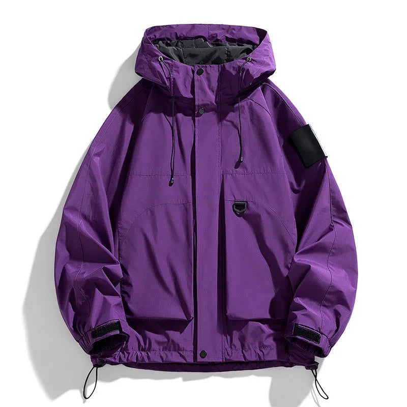 Men's hooded waterproof windproof jacket in black, ginger yellow, or purple, available in multiple sizes.