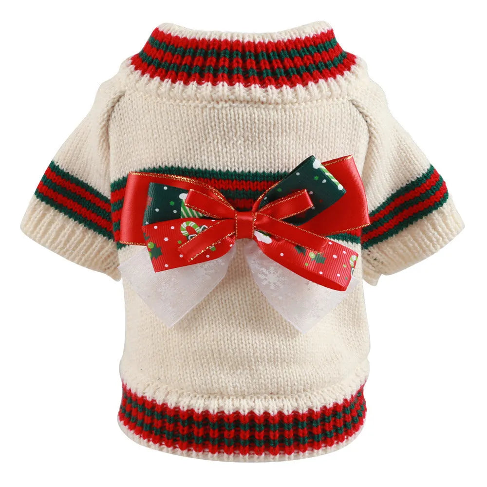 Red Christmas dog jumper on small dog showing festive holiday patterns and full coverage design