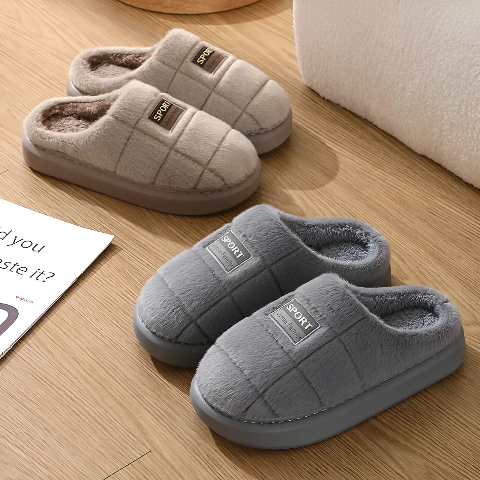 Men's grey plaid rabbit hair slippers with artificial wool lining and flat EVA sole