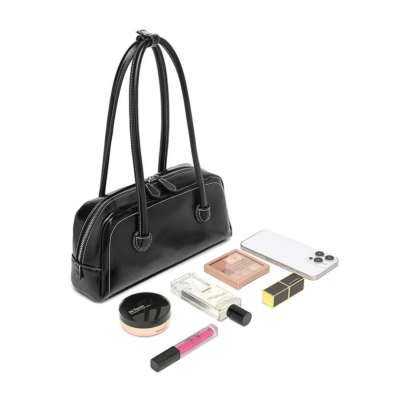 Retro PU underarm bag for women, horizontal square 31 x 9 x 14 cm with double straps and stitching