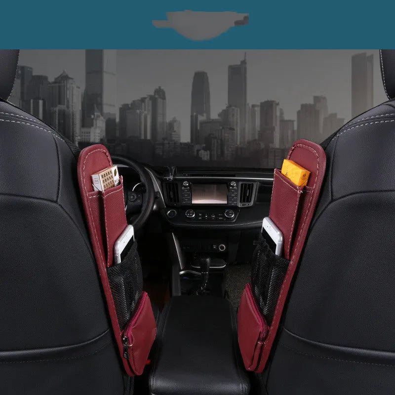 Multifunctional leather car side pocket storage bag in wine red, hook type, fitted to middle seat