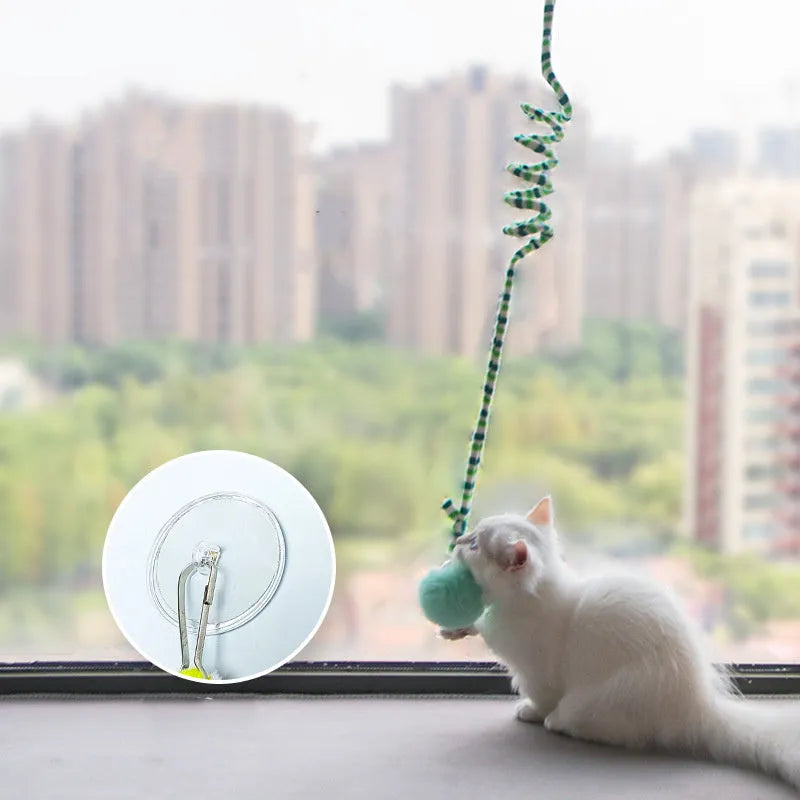 Hanging suction cup cat toy with inflatable ball and bell stick for kittens in seven colour options