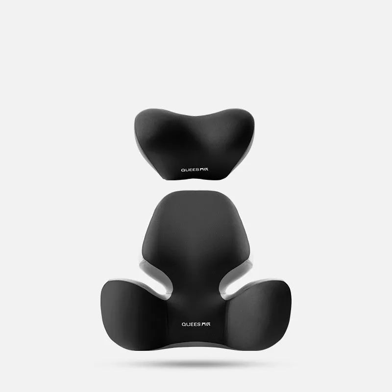 Black and grey memory foam car seat lumbar support pillow and headrest on a car seat.