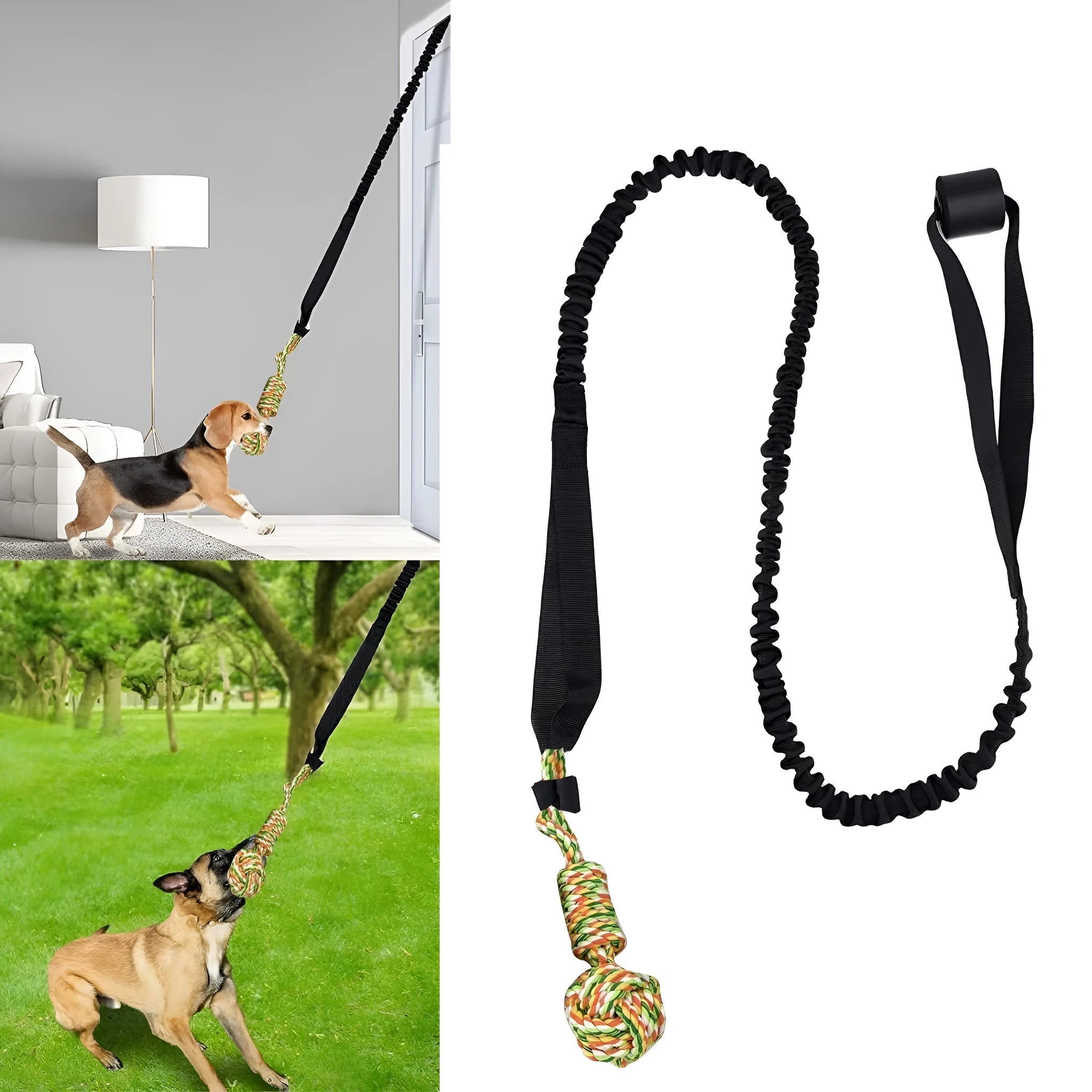 Black woven cotton dog tug rope toy for tug of war and chewing.