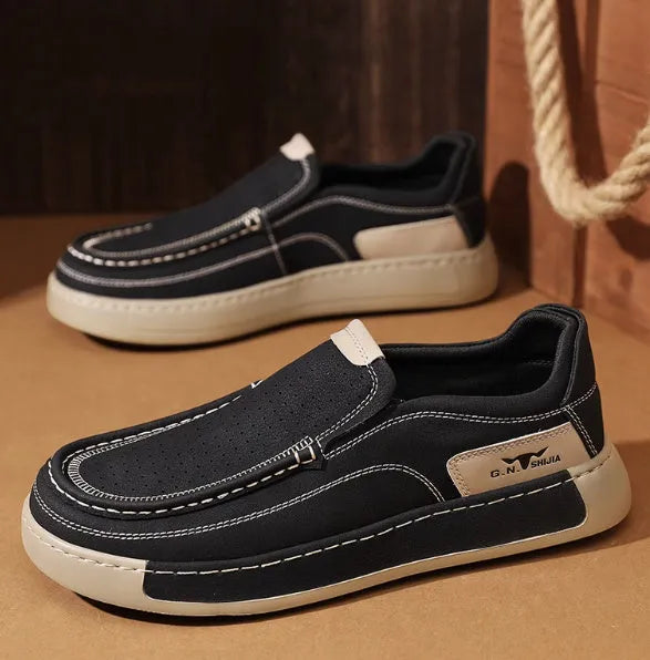 Breathable hollow leather slip-on men's casual shoes in black and khaki with two-layer cowhide upper