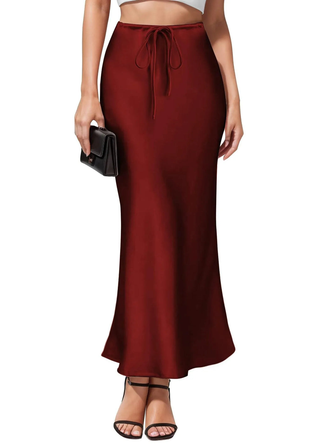 Asymmetric acetate satin skirt with irregular stitching details in high waist design