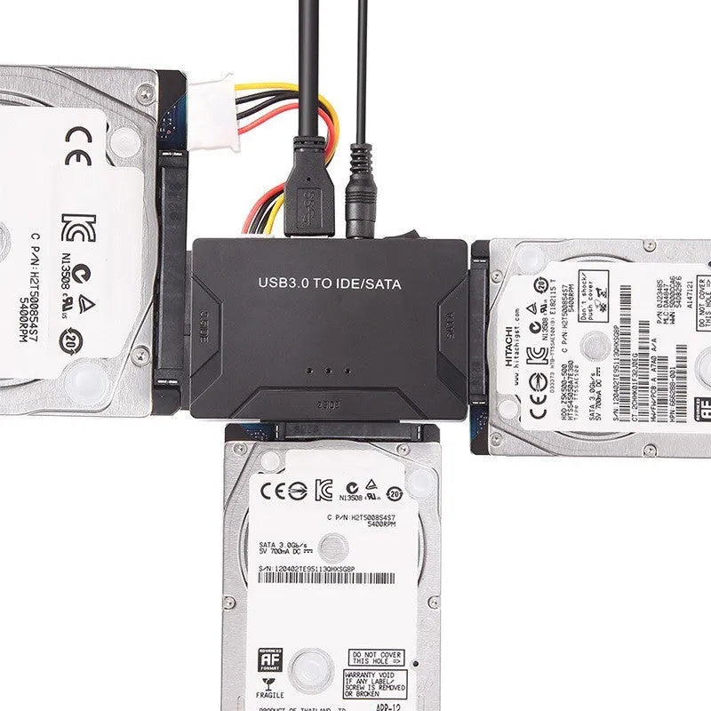 USB 3.0 to IDE and SATA hard disk adapter with power supply and cables for desktop drive connectivity