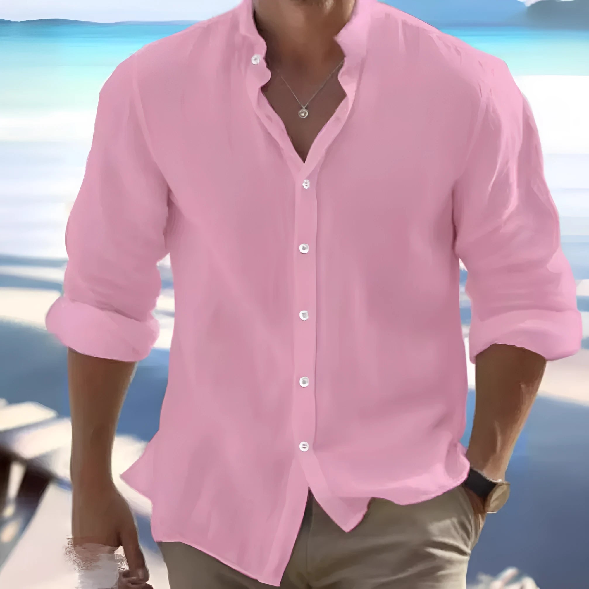 Men's long-staple cotton button summer beach shirt in light blue, showing pullover style and casual stitching detail.