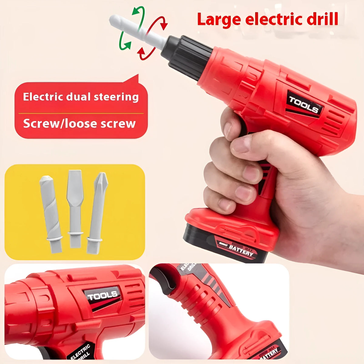 Children's plastic toy tool kit with electric hand drill option, 38 to 69 pieces, for ages 4-6