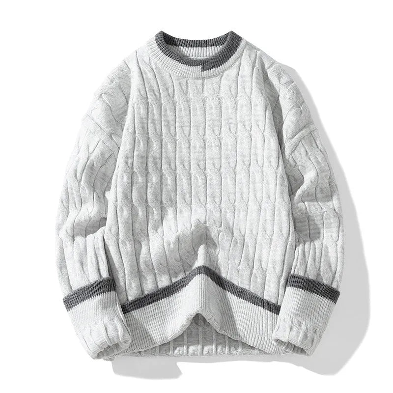 Men's loose fit two-piece modal acrylic sweater set in beige, shown as a pullover with long sleeves.