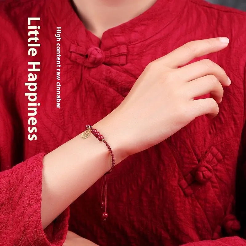 Cinnabar braided rope bracelet with traditional blessing card in ethnic style for unisex wear