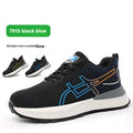 Black and blue low-cut safety shoes with mesh upper and rubber reinforcement for industrial work.