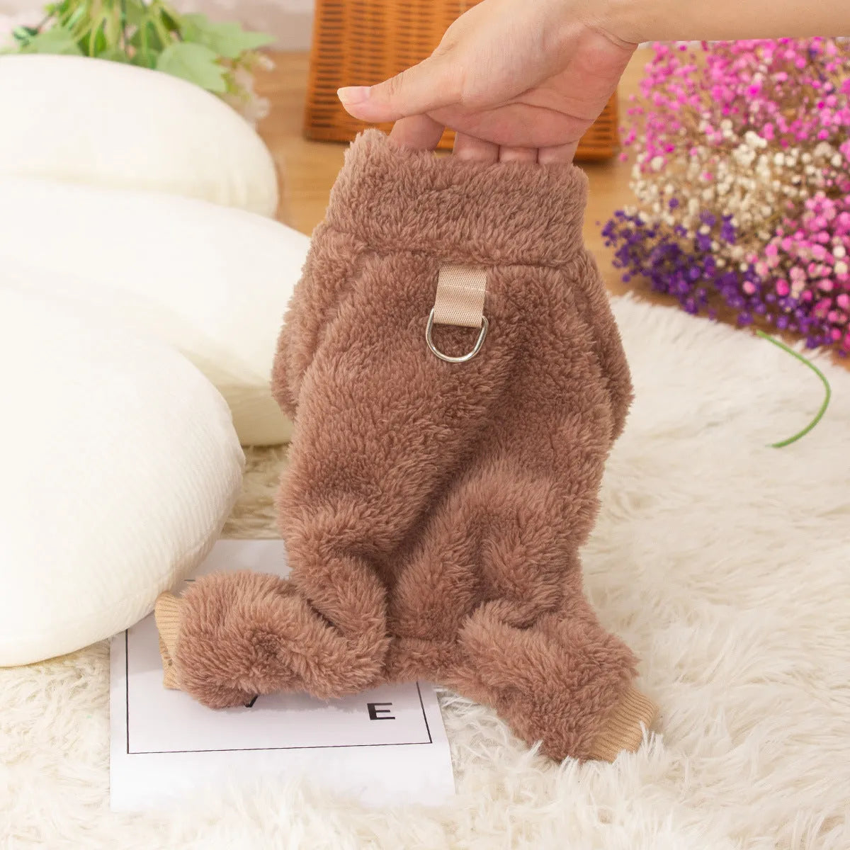 Blue double-sided thick plush four-legged dog clothing with a high collar and a back towing ring.