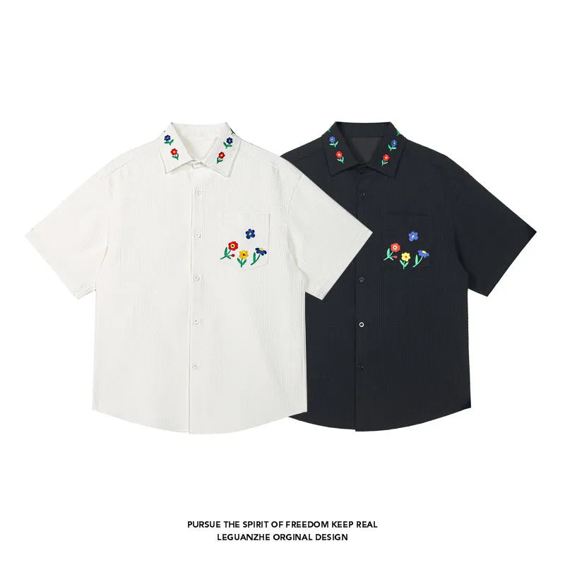 Embroidered short sleeve shirt in black with loose fit, polyester fabric, size M to 5XL