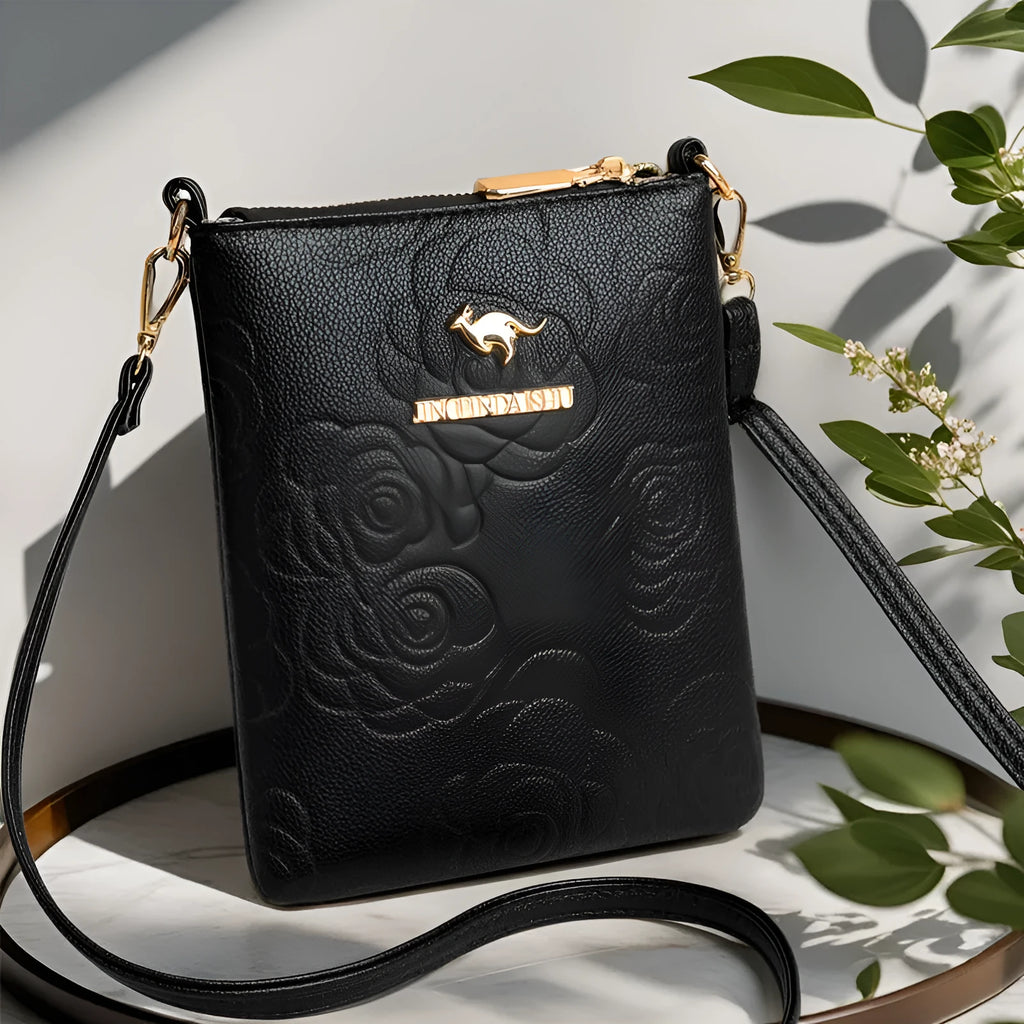 Square vertical shoulder messenger bag in stone pattern colour with file compartment visible