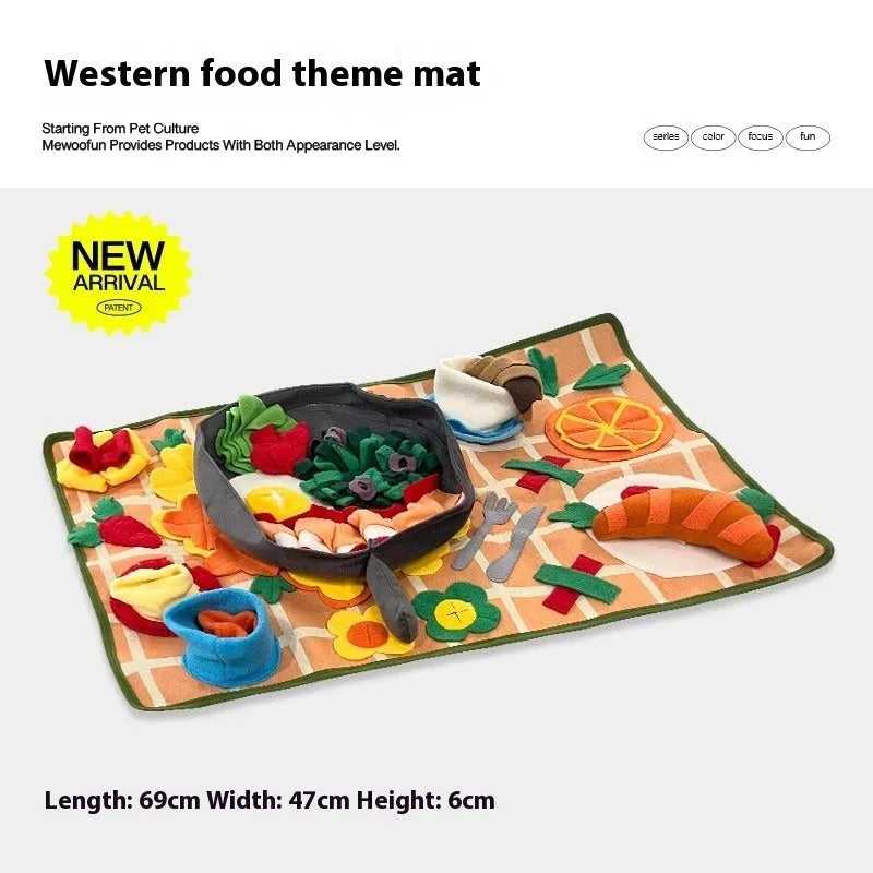 Dog sniffing mat with textured plastic fabric surface in themed design for hiding treats