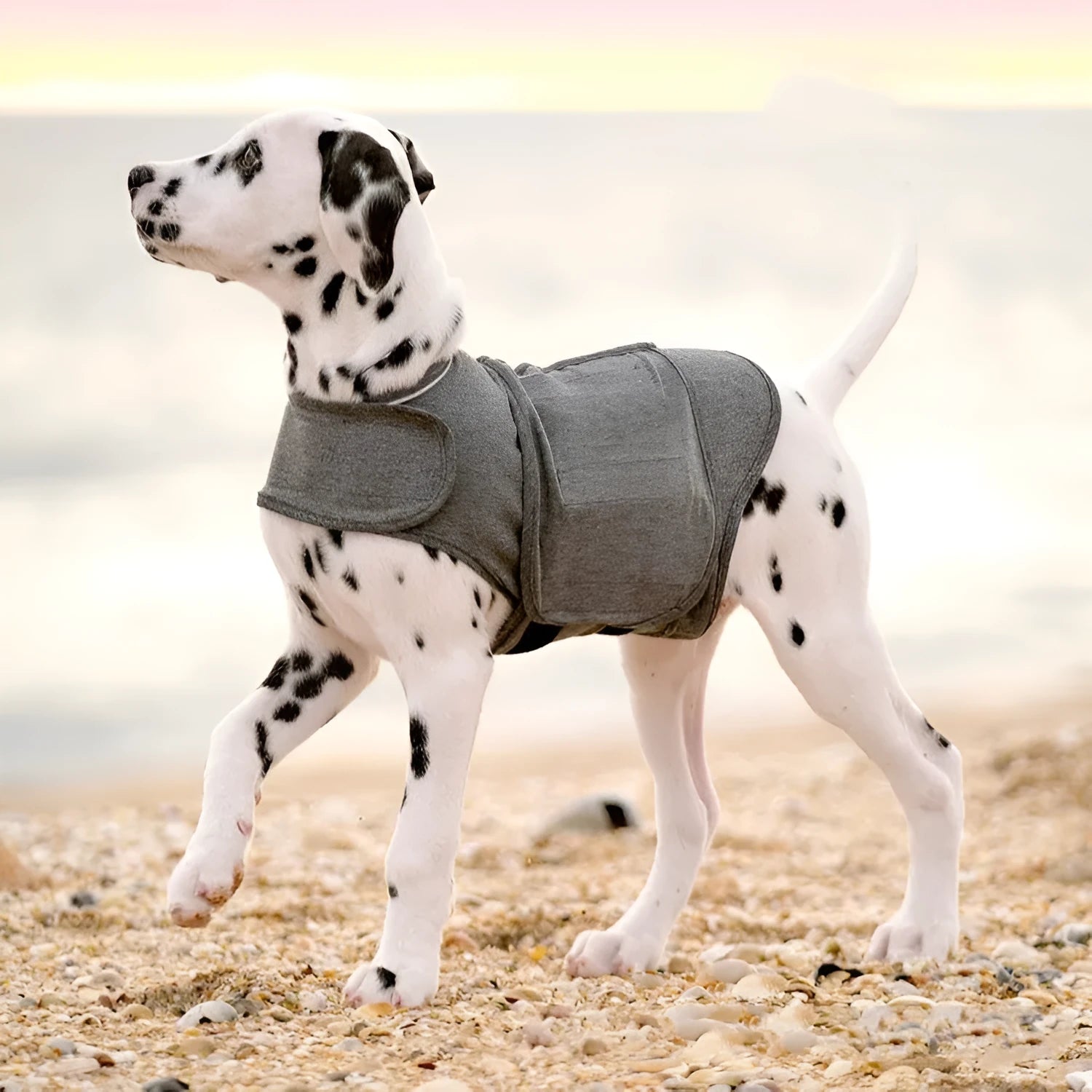 Heather grey dog anxiety vest in brocade cotton ponte-de-roma fabric on a medium-sized dog.