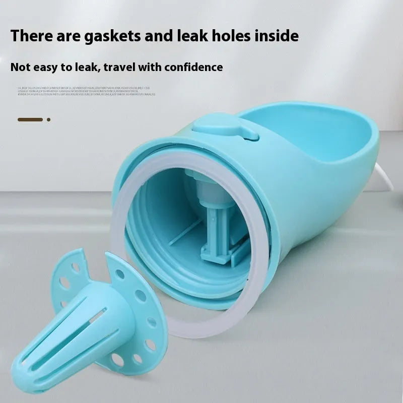 Blue portable plastic dog water cup with dual-use bowl design for outdoor walks.