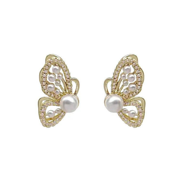 Copper butterfly pearl stud earrings with gold plating and zircon for women
