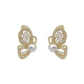 Copper butterfly pearl stud earrings with gold plating and zircon for women