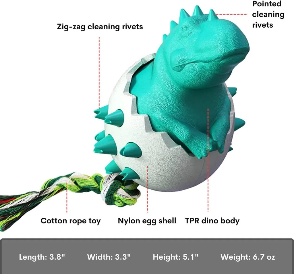 Blue durable rubber and nylon dinosaur-shaped dog chew toy with an integrated rope for aggressive chewers.