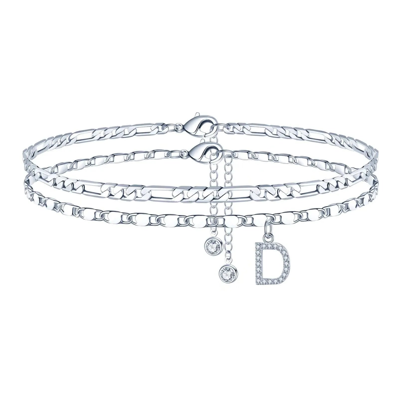Copper double-circle bead anklet with silver colour finish showing customisable letter styling options