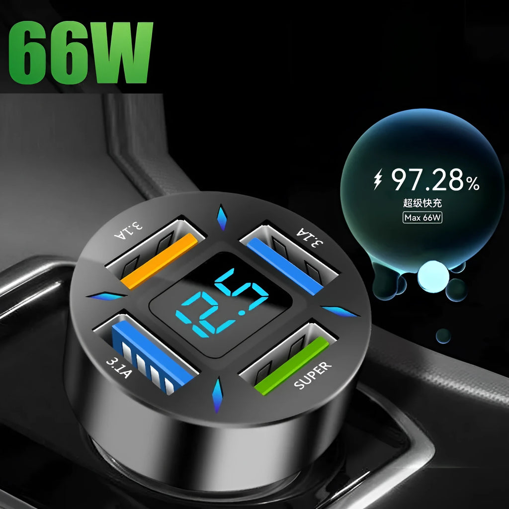 Black four-port car USB charger with LED digital display plugged into a vehicle socket.