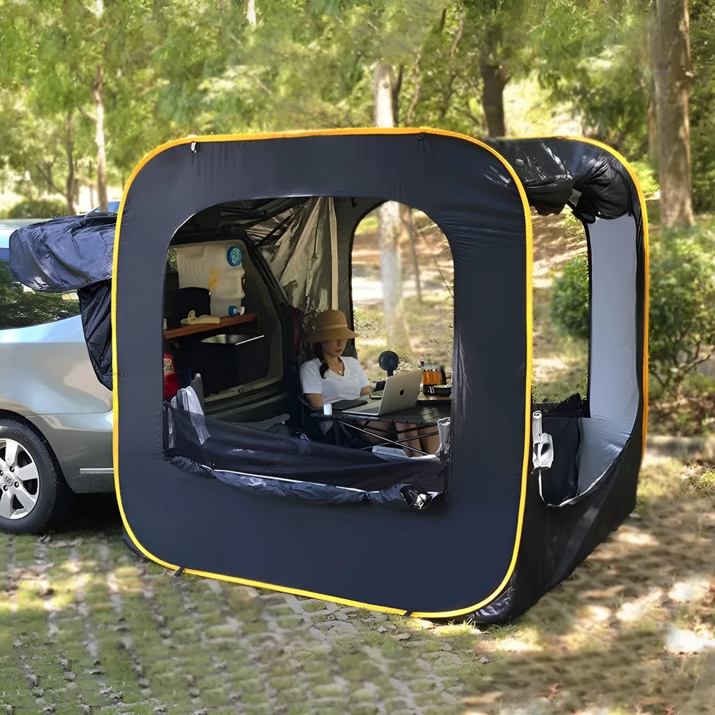 Black pop-up outdoor camping car tail tent with quick-throw design unfolded to 200x200x200cm size