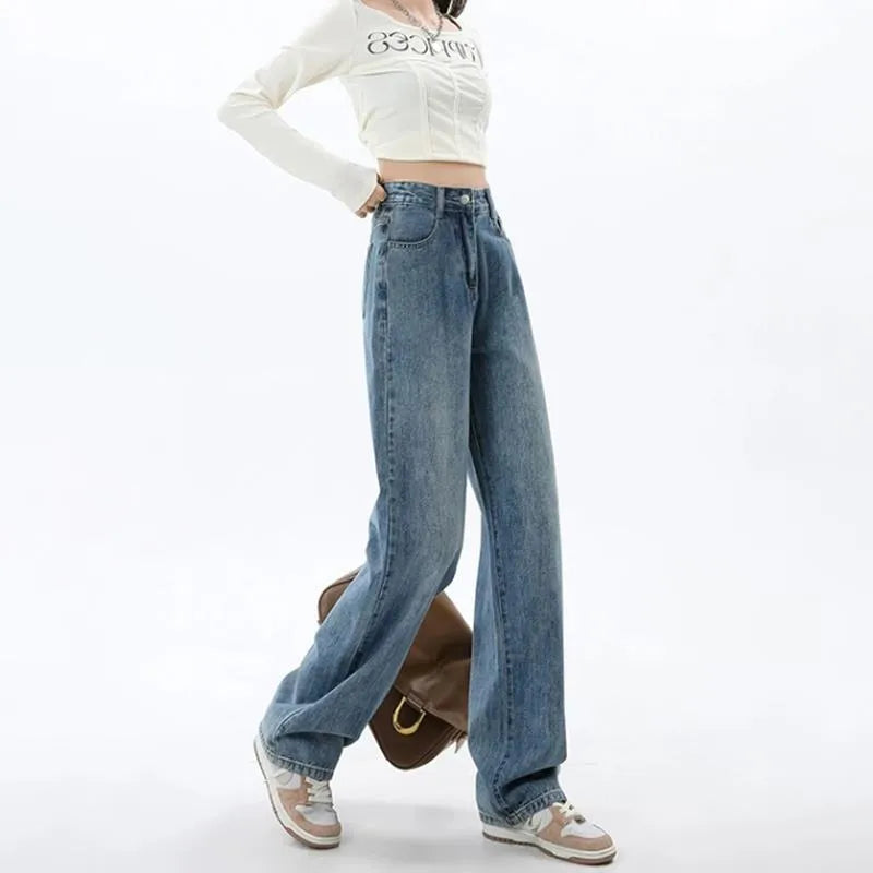 Women's retro blue high-waist wide-leg straight jeans on a neutral background