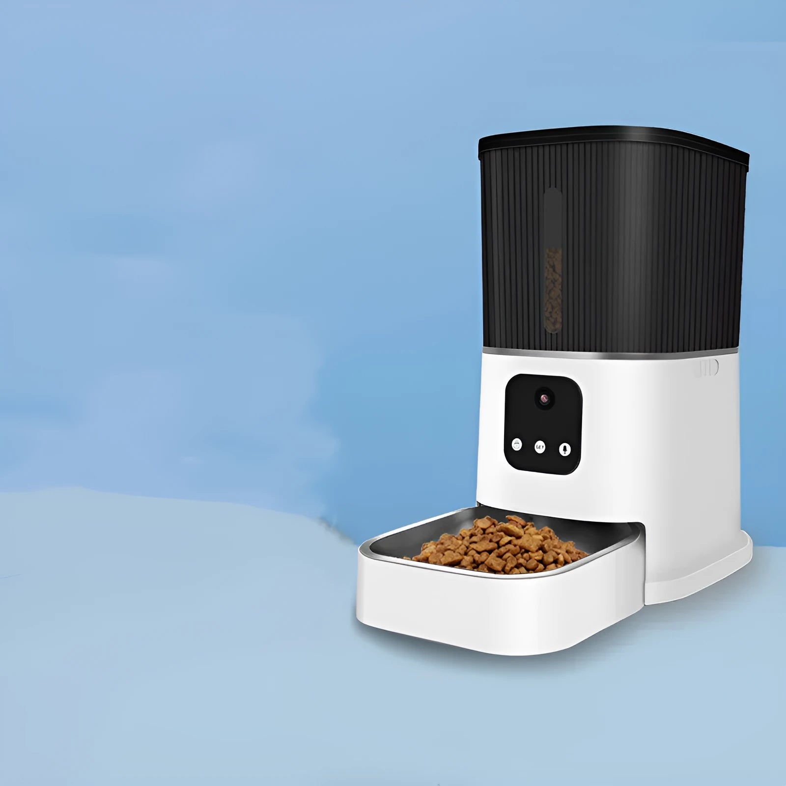 Pet remote control intelligent feeding machine with 3L capacity, ABS and 304 stainless steel, black colour, featuring real-time voice and video