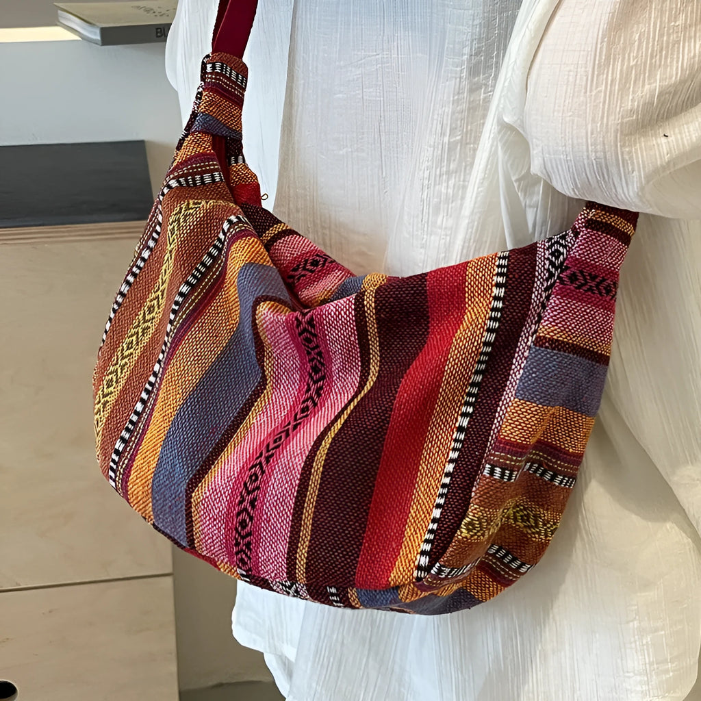 Women's canvas crossbody dumpling bag in ethnic style with three-dimensional pocket