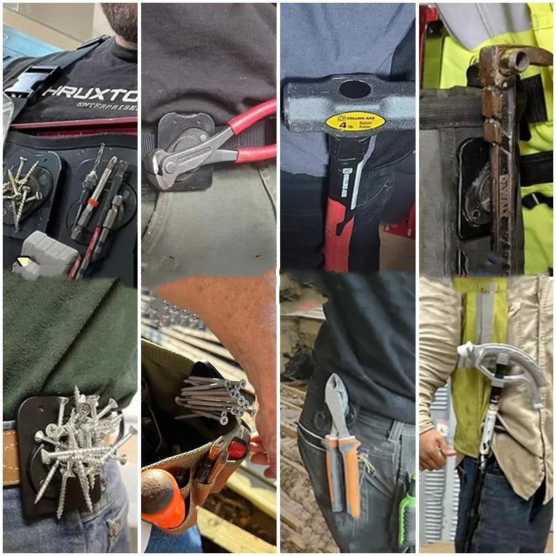 Magnetic tool bracket with power clip belt magnet and leather case in waist tool magnet style.