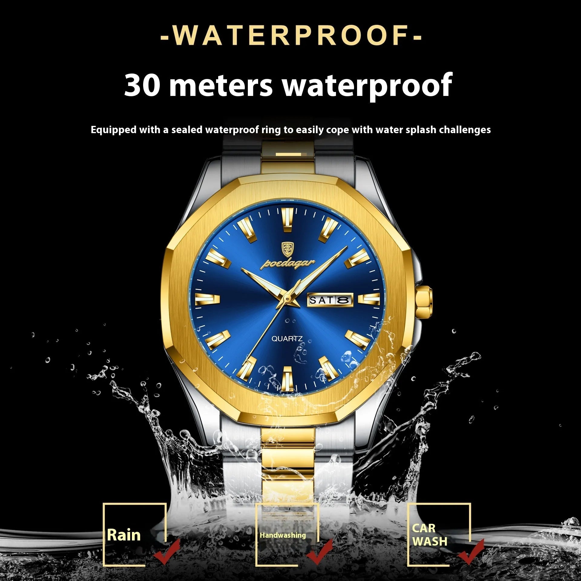Men's steel strap quartz watch with a business design, shown in various colour combinations