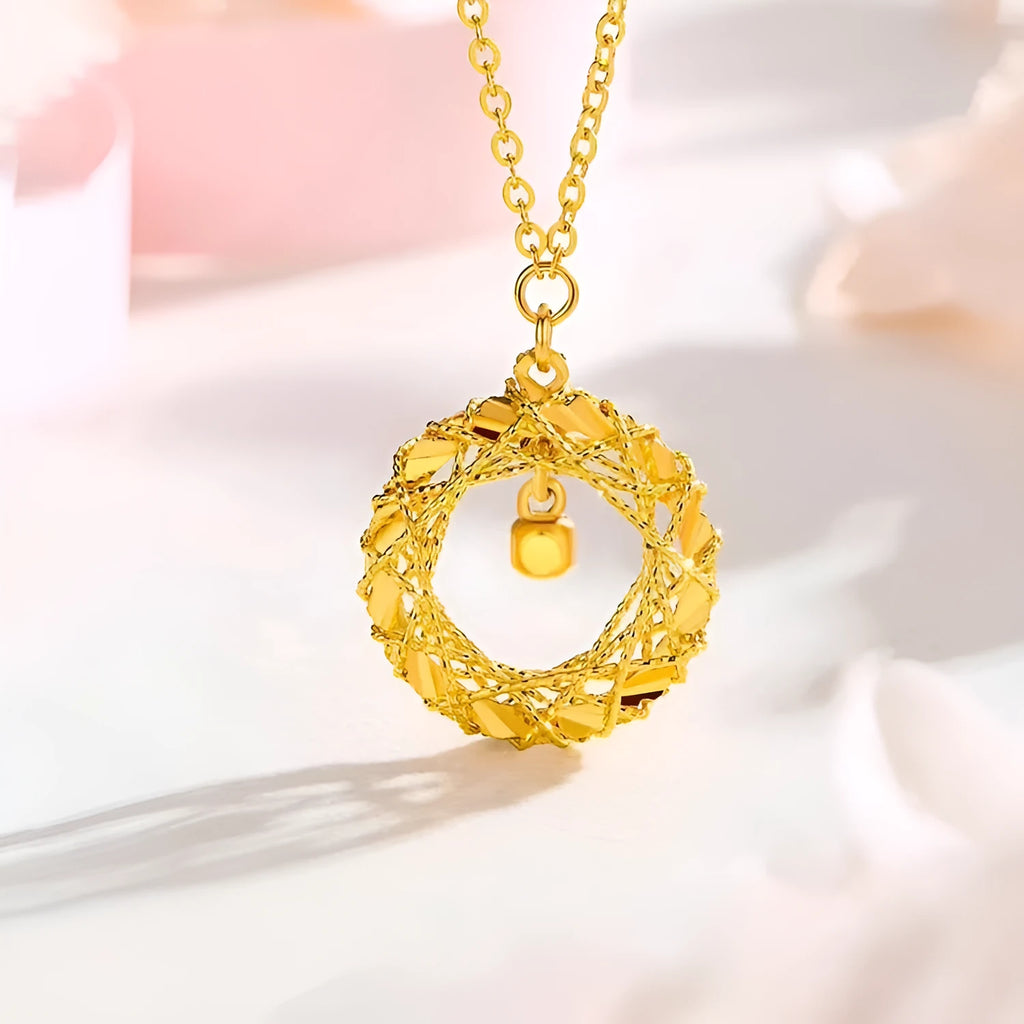 Gold circle net design necklace on a woman, titanium steel geometric pendant with O-chain style