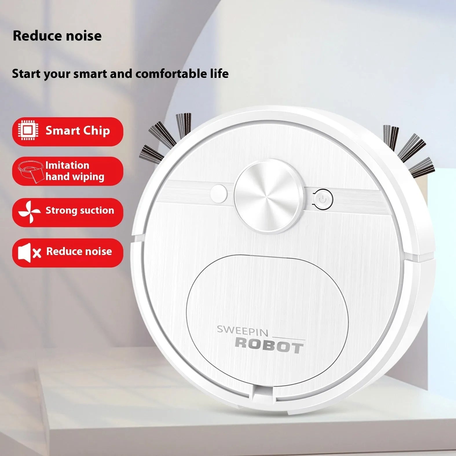 Black or white robot vacuum cleaner with suction, sweeping, and mopping functions on a hard floor